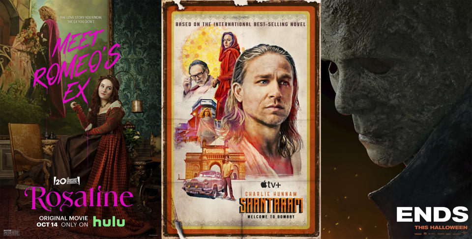 This combination of photos shows promotional art for the film "Rosaline," from left, the series Shantaram,” and the film "Halloween Ends," all premiering Friday, Oct. 14 on Hulu, Apple TV+ and Peacock respectively. (Hulu/Apple TV+/Peacock via AP)