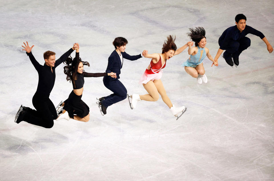 Gold medallists Madison Chock and Evan Bates of the US with Japan's Shoma Uno, Kaori Sakamoto, Riku Miura, and Ryuichi Kihara at the World Figure Skating Championships at Saitama Super Arena, Saitama, Japan, on March 26, 2023.