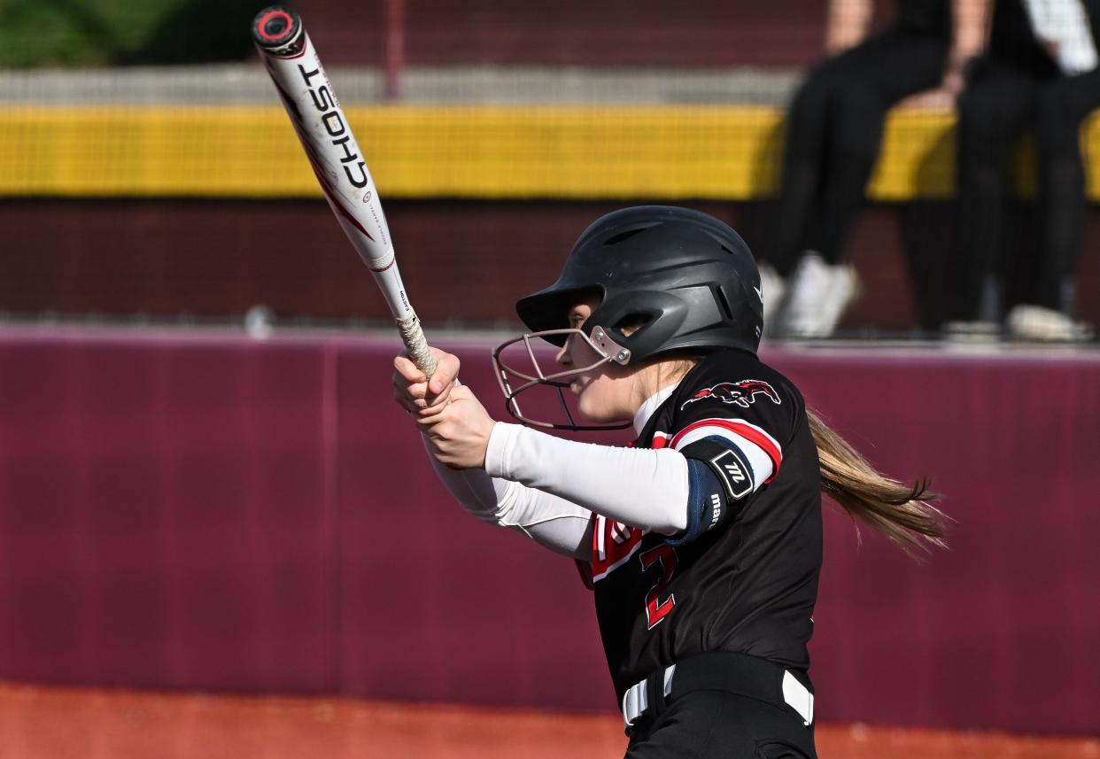 Edgewood’s Madi Bland looks for a hit during the softball game at Bloomington North on Tuesday, March 26, 2024.