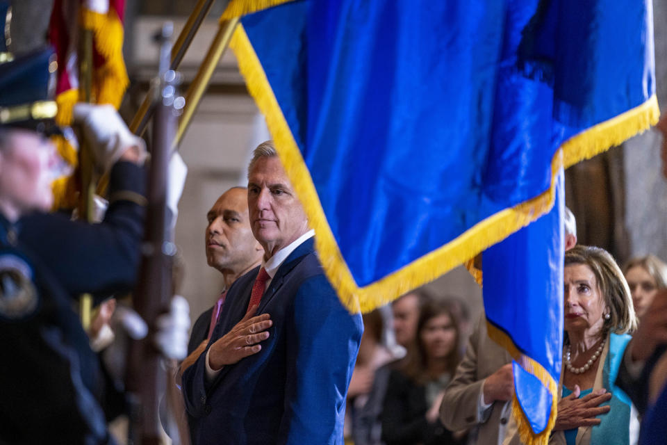 House Speaker Kevin McCarthy of Calif., center, House Minority Leader Hakeem Jeffries of N.Y., left., and Rep. Nancy Pelosi, D-Calif, right, attend an unveiling ceremony for the Congressional statue of Willa Cather, in Statuary Hall on Capitol Hill in Washington, Wednesday, June 7, 2023. Willa Cather was one of the country's most beloved authors, writing about the Great Plains and the spirit of America. (AP Photo/Andrew Harnik)