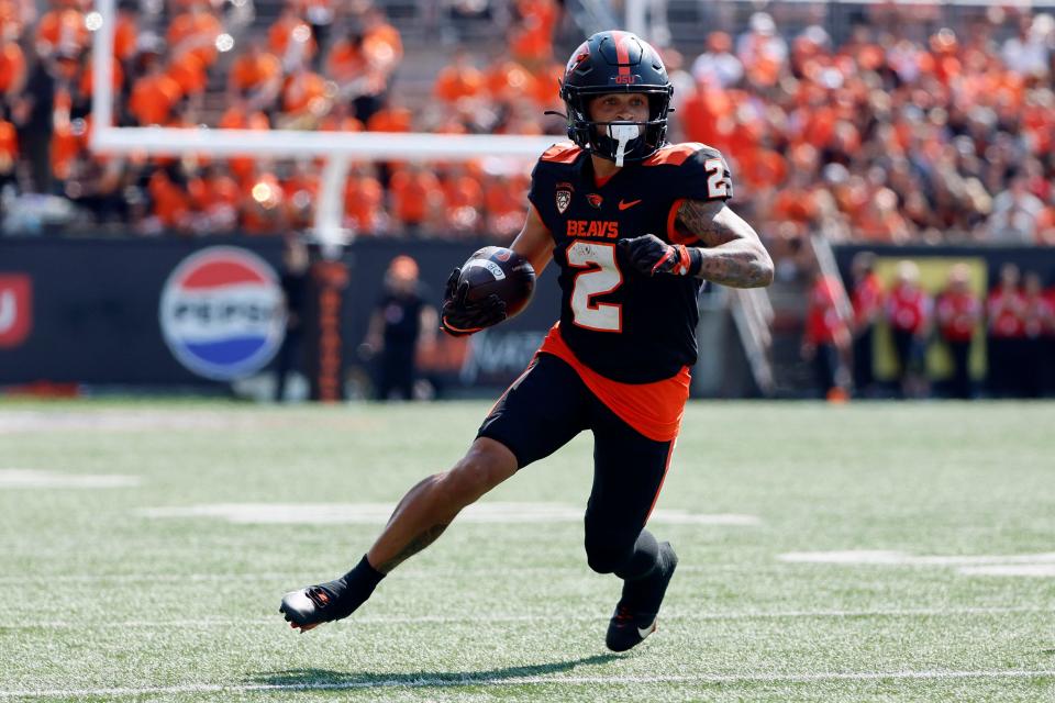 Oregon State Beavers wide receiver Anthony Gould (2) runs after a catch during the first half against the San Diego State Aztecs at Reser Stadium Sept. 16, 2023, in Corvallis.