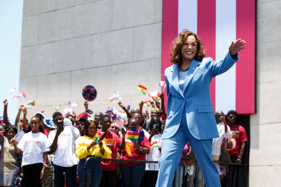 Vice President Kamala Harris waves to the crowd on March 28, 2023, as she arrives to address youth gathered on Black Star Square in Accra, Ghana. (Photo by Misper Apawu / POOL / AFP) (Photo by MISPER APAWU/POOL/AFP via Getty Images)