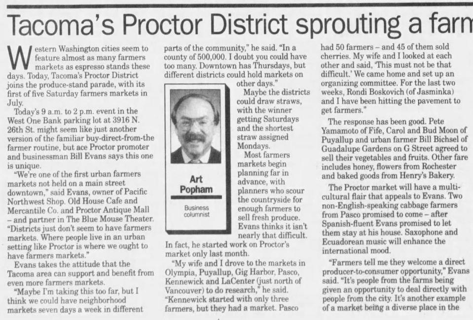 A July 1994 article in The News Tribune introduced the Proctor Farmers Market as the most recent addition to the “produce-stand parade.” A handful of vendors set up in what is now the U.S. Bank parking lot over five Saturdays that summer.