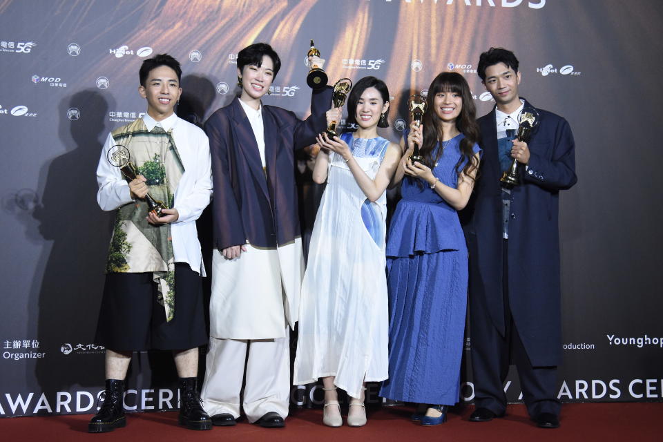 TAIPEI, CHINA - AUGUST 21: Members of Taiwanese vocal group 'The Wanted' pose with trophies backstage during the 32nd Golden Melody Awards on August 21, 2021 in Taipei, Taiwan of China. (Photo by Chen Lihong/VCG via Getty Images)