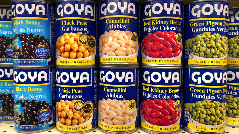 Goya beans stacked on shelf