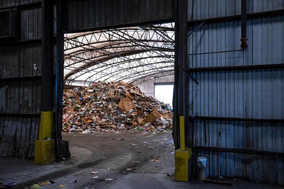 Recycling waits to be sorted at the Lexington Recycling Center in Lexington, Ky., on Thursday, April 7, 2022. Thanks to a grant, the center will soon be able to process #1 and #2 plastics like yogurt containers, butter tubs from resident’s recycle bins.