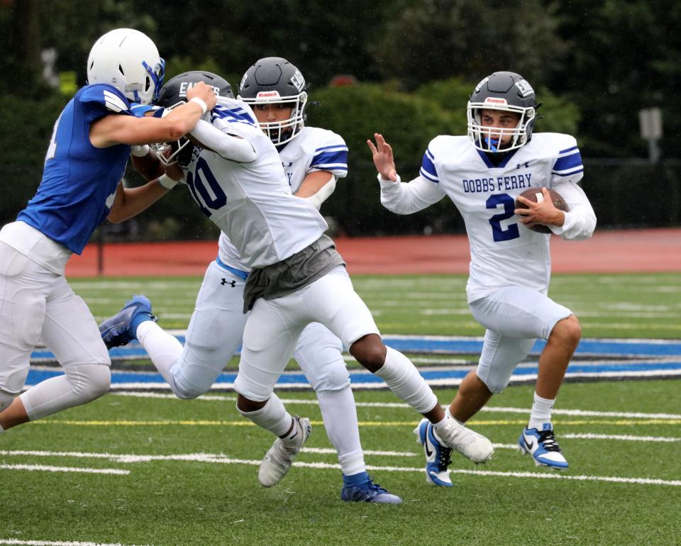 Dobbs Ferry's Drexel Lewis finds some running room during their football game against Bronxville, at Bronxville High School, Sept. 23,. 2023. Dobbs Ferry beat Bronxville, 12-7.