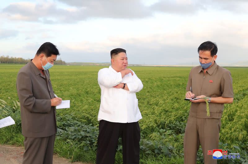 North Korean leader Kim Jong Un inspects the typhoon-damaged area in South Hwanghae Province