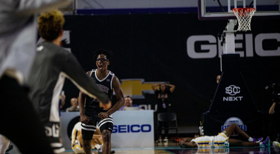 Layden Blocker from Sunrise Christian Academy celebrates a win in GEICO High School Nationals quarterfinal over Montverde at Suncoast Credit Union Arena on Thursday.