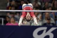 Jade Carey competes on the uneven bars during the U.S. Gymnastics Championships, Sunday, June 6, 2021, in Fort Worth, Texas. (AP Photo/Tony Gutierrez)