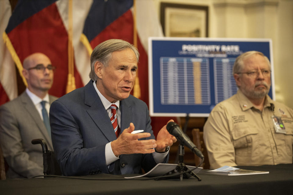 Texas Gov. Greg Abbott announces the reopening of more Texas businesses during the COVID-19 pandemic at a press conference at the Texas State Capitol in Austin on Monday, May 18, 2020. Abbott said that childcare facilities, youth camps, some professional sports, and bars may now begin to fully or partially reopen their facilities as outlined by regulations listed on the Open Texas website. (Lynda M. Gonzalez/The Dallas Morning News via AP, Pool)