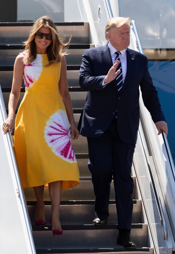 Melania Trump and the president arrive in Biarritz, France, for the first day of the G7 summit. - Credit: Shutterstock