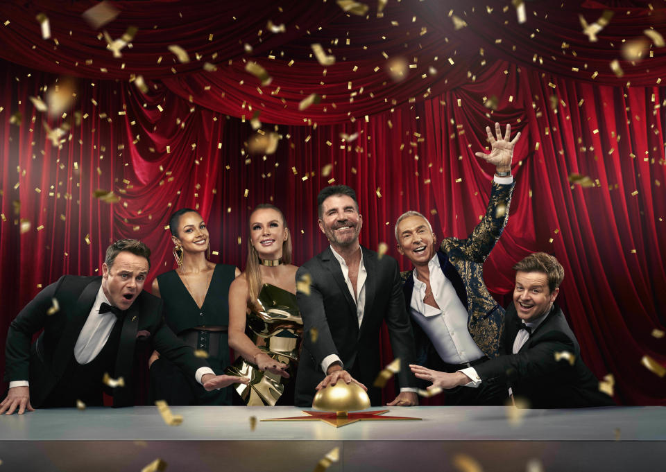 This image and the information contained herein is strictly embargoed until 21.00 Monday 10th April 2023

From Thames

Britainâ€™s Got Talent: SR16 on ITV1 and ITVX

Pictured: Ant & Dec and Alesha Dixon, Amanda Holden, Simon Cowell, Bruno Tonioli.

This photograph is (C) Thames and can only be reproduced for editorial purposes directly in connection with the programme or event mentioned above, or ITV plc. This photograph must not be manipulated [excluding basic cropping] in a manner which alters the visual appearance of the person photographed deemed detrimental or inappropriate by ITV plc Picture Desk.  This photograph must not be syndicated to any other company, publication or website, or permanently archived, without the express written permission of ITV Picture Desk. Full Terms and conditions are available on the website www.itv.com/presscentre/itvpictures/terms

For further information please contact:
james.hilder@itv.com