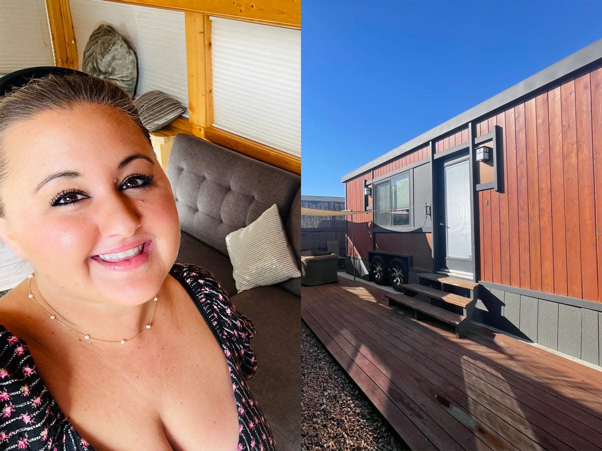 carly posing in tiny home and an exterior shot of tiny home near disneyland