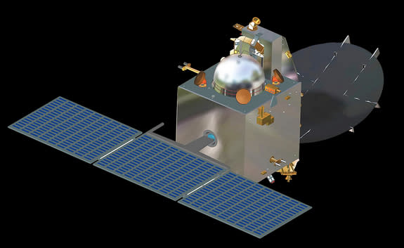 An artist's illustration of India's Mars Orbiter Mission spacecraft, the country's first Mars-bound probe, which is due to launch toward the Red Planet in Fall 2013.