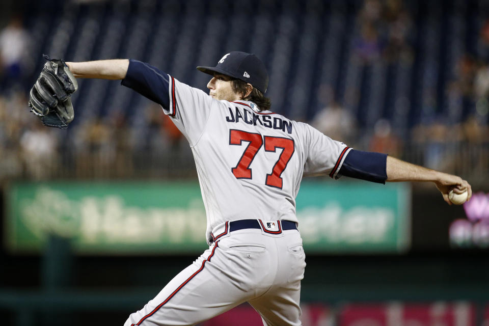 Atlanta Braves relief pitcher Luke Jackson throws to a Washington Nationals batter during the ninth inning of a baseball game Tuesday, July 30, 2019, in Washington. Atlanta won 11-8. (AP Photo/Patrick Semansky)