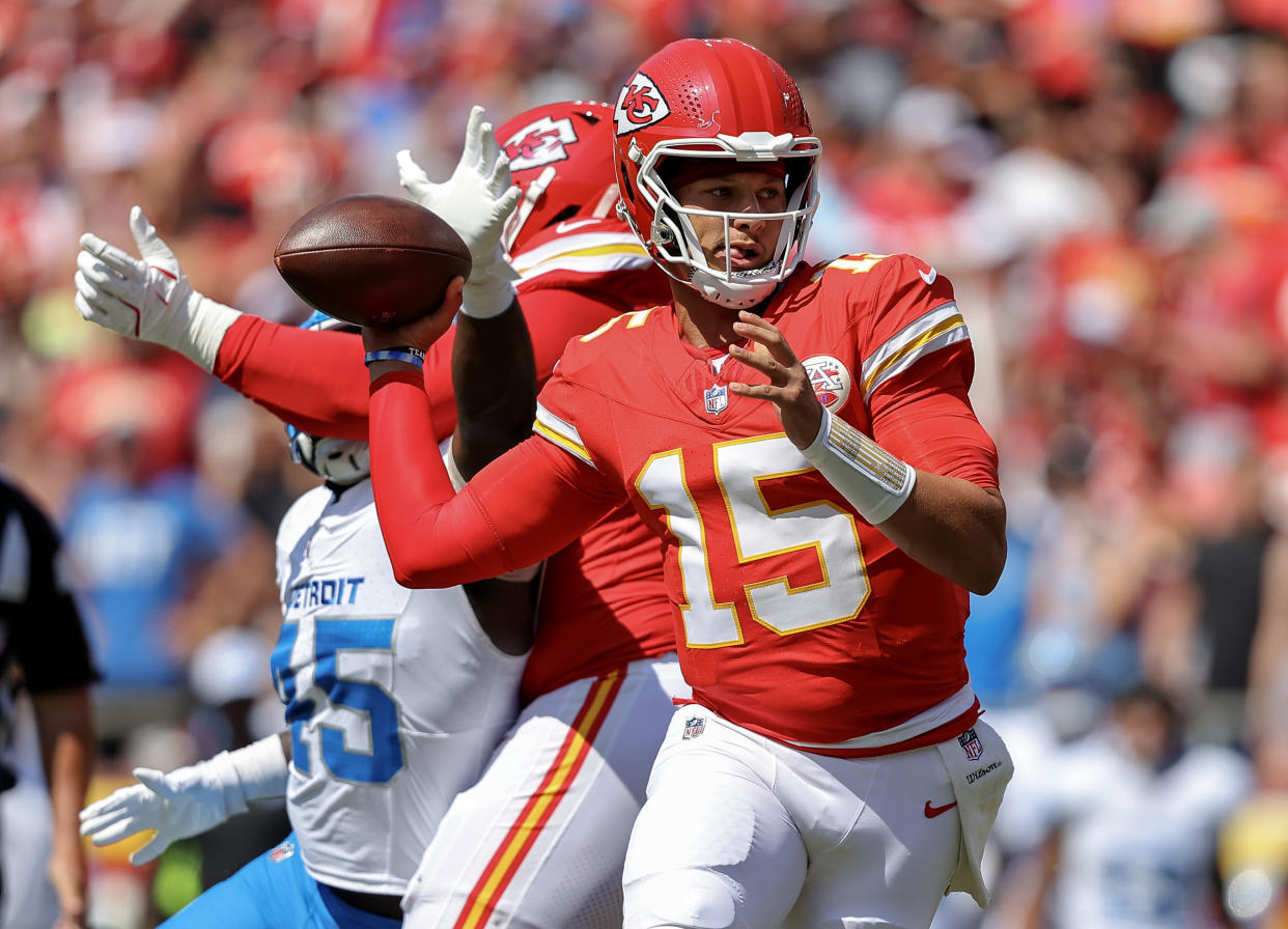 KANSAS CITY, MISSOURI - AUGUST 17: Patrick Mahomes #15 of the Kansas City Chiefs looks for an open receiver during the first quarter of a preseason game against the Detroit Lions at GEHA Field at Arrowhead Stadium on August 17, 2024 in Kansas City, Missouri. (Photo by David Eulitt/Getty Images)