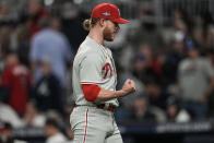 Philadelphia Phillies closer Craig Kimbrel (31) reacts after gaining the final out after Game 1 of a baseball NL Division Series against the Atlanta Braves, Saturday, Oct. 7, 2023, in Atlanta. The Philadelphia Phillies won 3-0. (AP Photo/John Bazemore)