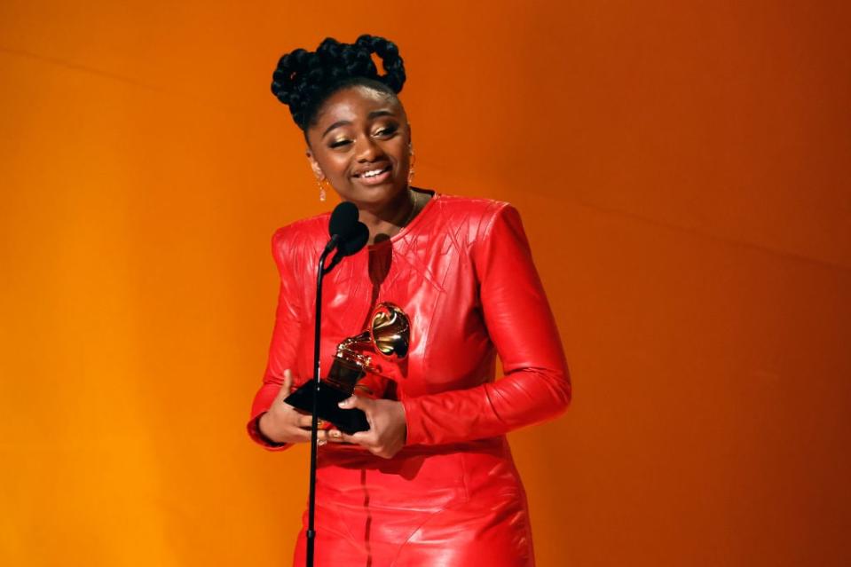 jazz singer Samara Joy accepts the Best New Artist award onstage during the 65th GRAMMY Awards at Crypto.com Arena on February 05, 2023 in Los Angeles, California. (Photo by Frazer Harrison/Getty Images)