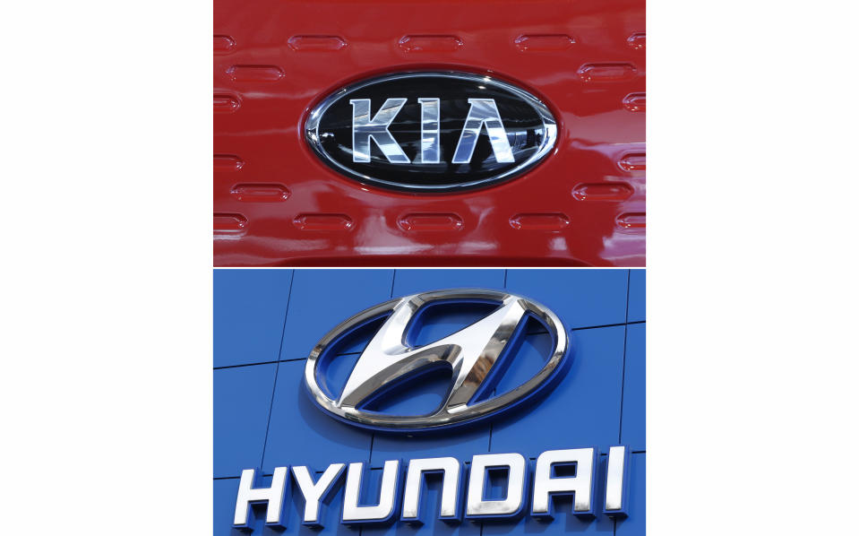 FILE- This combination of file photos shows the logo of Kia Motors Dec. 13, 2017, in Seoul, South Korea, top, and Hyundai logo April 15, 2018, in the south Denver suburb of Littleton, Colo., bottom. Hyundai Motor America and Kia America will resolve class-action lawsuit prompted by a surge in vehicle thefts with a settlement agreement that could be valued at $200 million, the automakers announced Friday, May 19, 2023. (AP Photo, File)