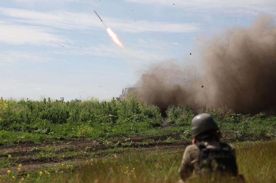 Ukrainian servicemen of the 10th Mountain Assault Brigade "Edelweiss" fire a rocket from a BM-21 'Grad' multiple rocket launcher towards Russian positions near Bakhmut in Donetsk Oblast on June 13, 2023. (Photo: Anatolii Stepanov / AFP via Getty Images)