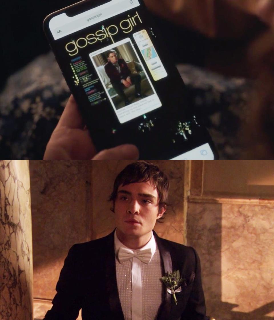 In the top photo: A person looks at a blog on a smartphone on "Gossip Girl." In the bottom photo: Ed Westwick as Chuck Bass on "Gossip Girl."