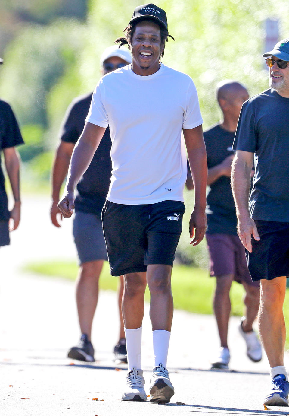 <p>JAY-Z is all smiles while out on a stroll with Twitter CEO Jack Dorsey in The Hamptons on Thursday. </p>