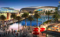<p>Visitors walk the grounds in this rendering of the 2024 Olympic Games venue in Los Angeles. (Photo: Courtesy LA 2024) </p>