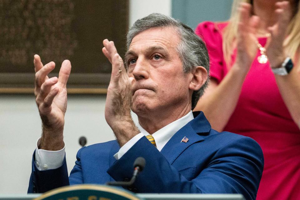 Gov. John Carney delivers his State of the State Address at Legislative Hall in Dover, Tuesday, March 5, 2024. The event was rescheduled from January after Carney fell ill.