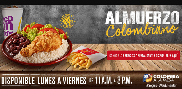 McDonald's Colombia product picture of plate of fried chicken, black beans, and salad, and McDonald's fries.