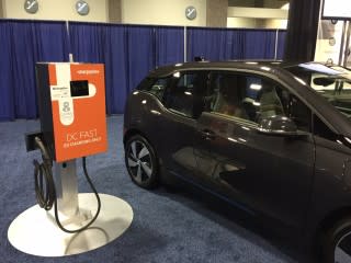 BMW i3 electric car and ChargePoint DC fast-charging station at Washington, DC, Auto Show, Jan 2015