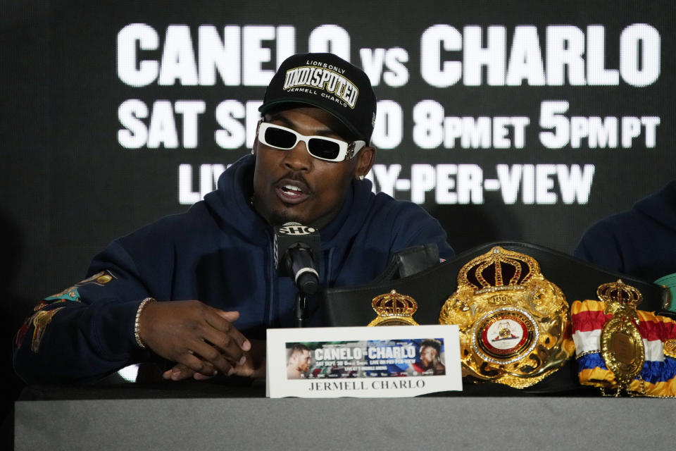 Jermell Charlo speaks during a news conference Wednesday, Sept. 27, 2023, in Las Vegas. Charlo is scheduled to fight Canelo Alvarez, of Mexico, in a super middleweight title boxing match Saturday in Las Vegas. (AP Photo/John Locher)