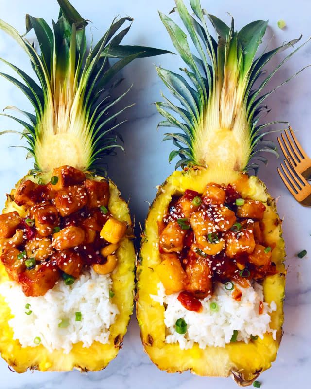 <p>Chloe Coscarelli</p><p>Not only is this tender tofu dish extremely Insta-worthy, thanks to its pineapple vessel, but it’s easy to pull off, which is 100% why we like it.</p><p><strong>Get the recipe: <a href="/1031581/kelli_acciardo/chloe-coscarellis-tropical-glazed-tofu/" data-ylk="slk:Tropical Glazed Tofu;elm:context_link;itc:0;sec:content-canvas" class="link "><em>Tropical Glazed Tofu</em></a></strong></p>