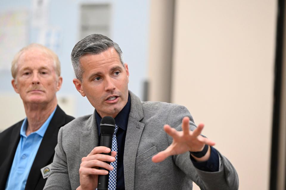 Sarasota County School Superintendent Terrence Connor, pictured at right along with Venetian Golf and River Club Community Association board member Tom Jones, talked about the need to renew the one-mill optional property tax while addressing the March 18 annual meeting.