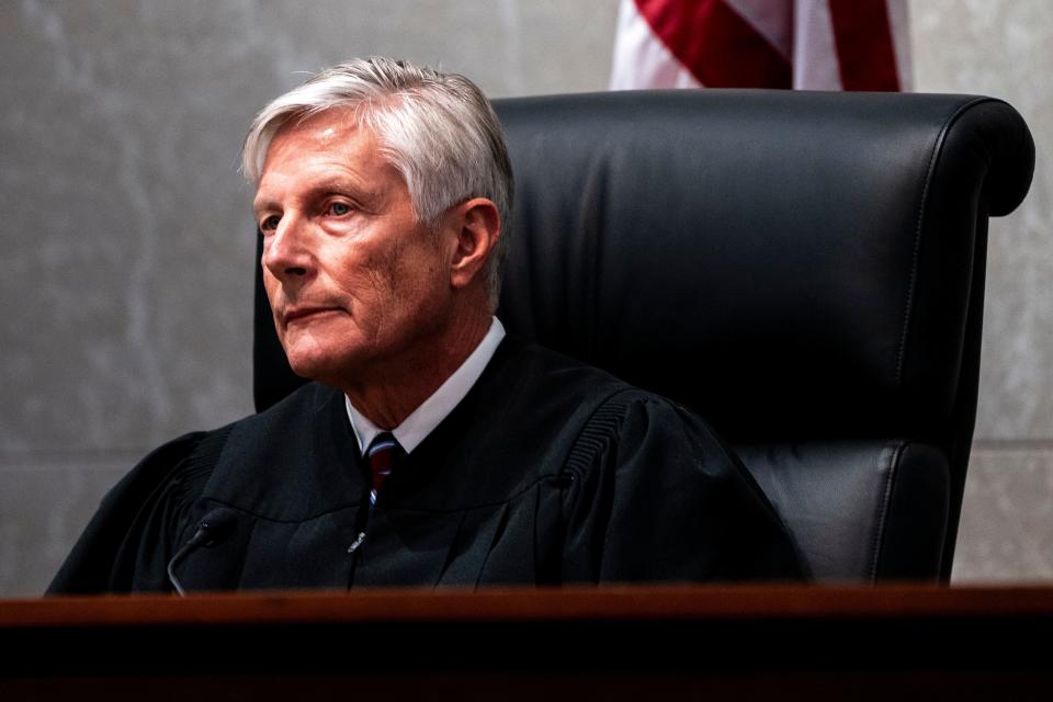 Iowa Supreme Court Justice Thomas Waterman listens during oral arguments for the lawsuit challenging Iowa's 2023 law banning most abortions at 6 weeks at the Iowa Supreme Court on Thursday, April 11, 2024, in Des Moines.