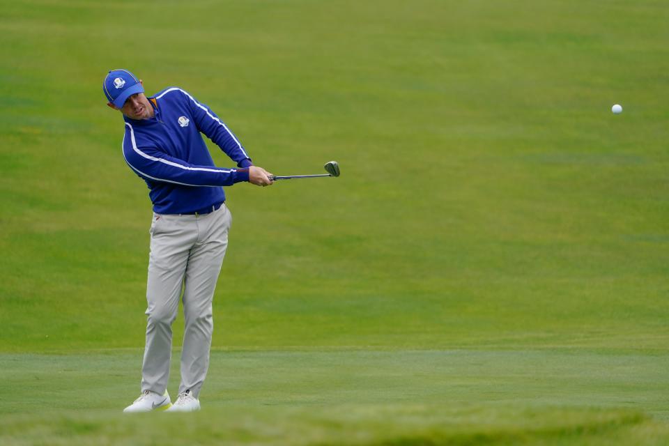 Team Europe's Rory McIlroy hits on the 11th hole during a practice day at the Ryder Cup at the Whistling Straits Golf Course Tuesday, Sept. 21, 2021, in Sheboygan, Wis. (AP Photo/Jeff Roberson)