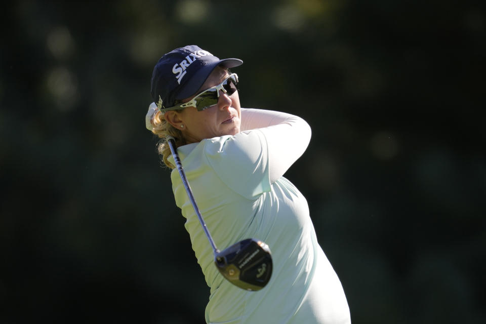 Ashleigh Buhai of South Africa watches her tee shot during the second round of the BMW Ladies Championship at the Seowon Hills Country Club in Paju, South Korea, Friday, Oct. 20, 2023. (AP Photo/Lee Jin-man)