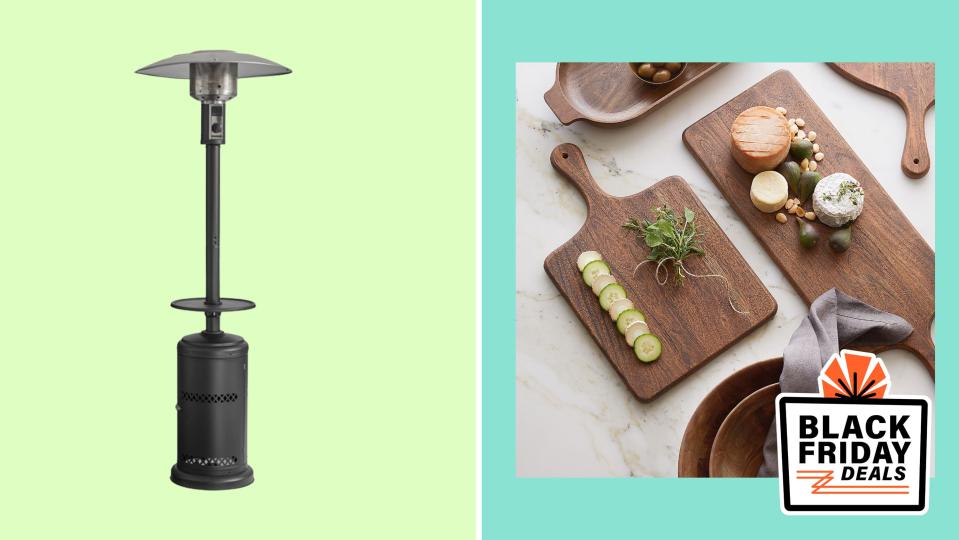 Pottery Barn Early Black Friday Deals: Outdoor heating lamp and Chateau acacia charcuterie boards.
