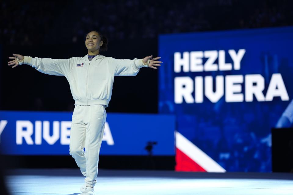 Hezly Rivera is introduced at the United States Gymnastics Olympic Trials on Friday, June 28, 2024 in Minneapolis. (AP Photo/Charlie Riedel)