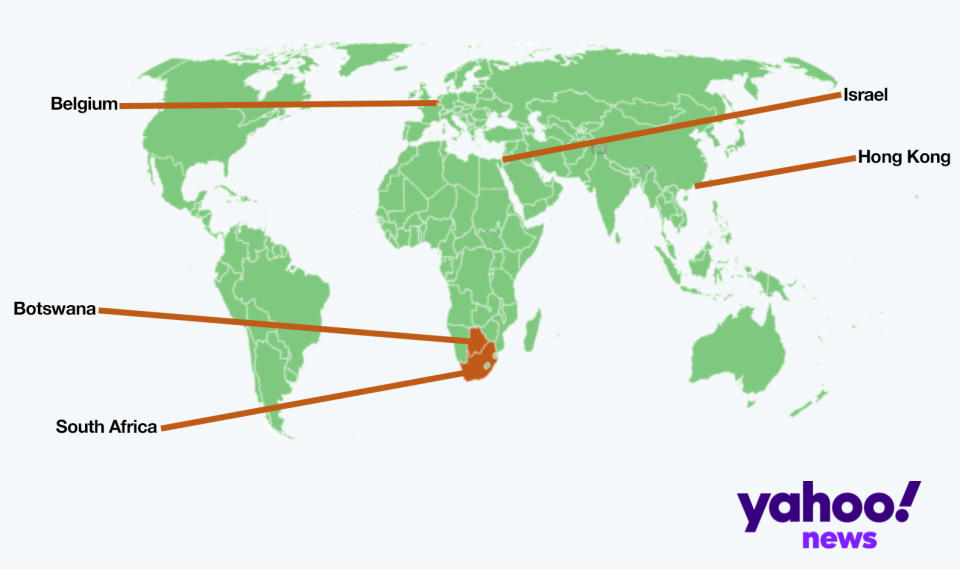 Cases of the new variant have been detected in South Africa, Botswana, Belgium, Israel and Hong Kong (Yahoo News UK/Flourish)