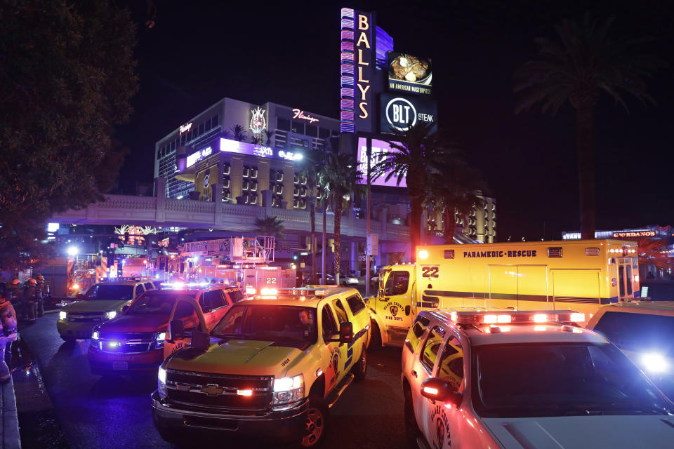 Firefighters respond to the scene of a fire at the Bellagio hotel and casino along the Las Vegas Strip, Thursday, April 13, 2017, in Las Vegas. (AP Photo/John Locher)