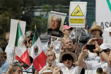 Demonstrators take part in a march against the government of Mexico's President Andres Manuel Lopez Obrador in Mexico City, Mexico May 5, 2019. REUTERS/Luis Cortes