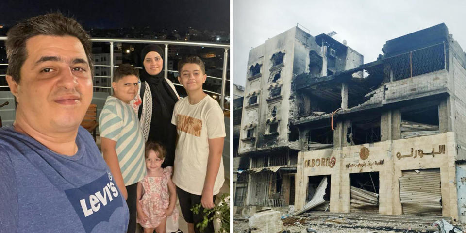Left, Anas Al Borno with his wife, Yasmine, and children Yazan, Abdel Rahman and Julia before the war. Right, his company's Gaza City warehouse after it was bombed in the fall. (Courtesy Anas al Borno)