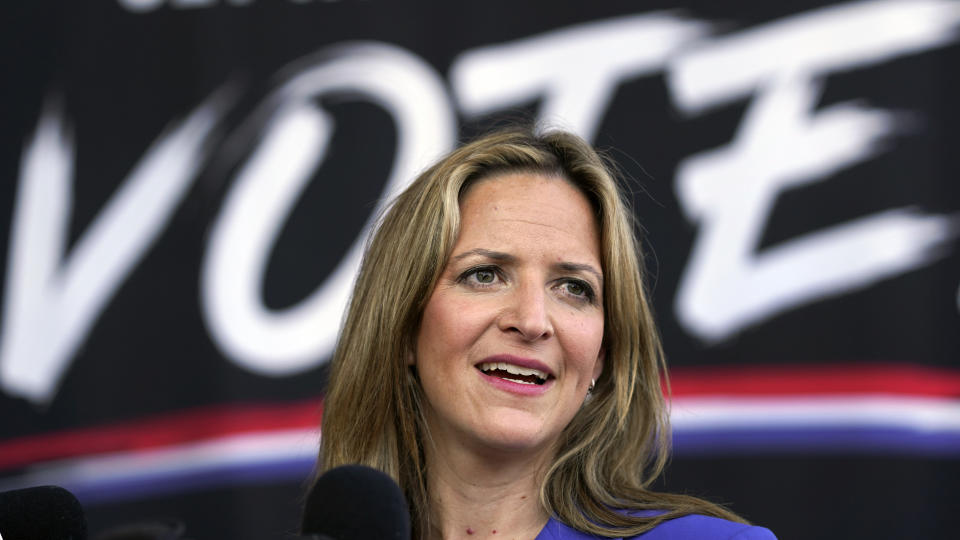 FILE - Michigan Secretary of State Jocelyn Benson speaks in Detroit, Sept. 24, 2020. (AP Photo/Paul Sancya, File)