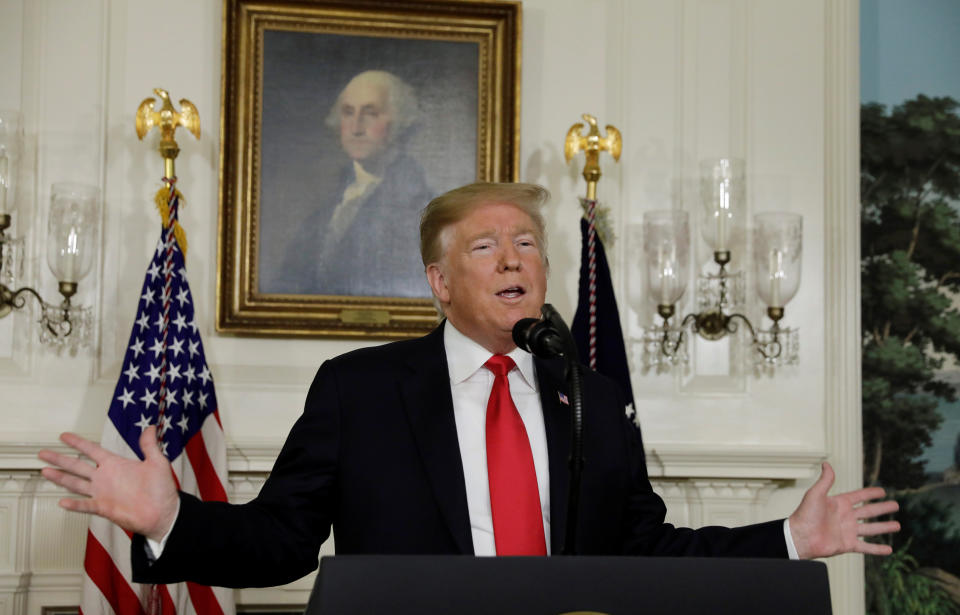 U.S. President Donald Trump delivers remarks on border security and the partial shutdown of the U.S. government from the Diplomatic Room at the White House in Washington, U.S., January 19, 2019. REUTERS/Yuri Gripas