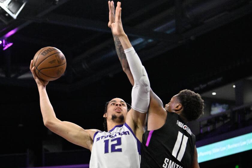 LAS VEGAS, NV - DECEMBER 5: Chance Comanche #12 of the Stockton Kings drives to the basket during the game against G League Ignite on December 5, 2023 at The Dollar Loan Center in Henderson, Nevada. NOTE TO USER: User expressly acknowledges and agrees that, by downloading and or using this photograph, User is consenting to the terms and conditions of the Getty Images License Agreement. Mandatory Copyright Notice: Copyright 2023 NBAE (Photo by David Becker/NBAE via Getty Images)