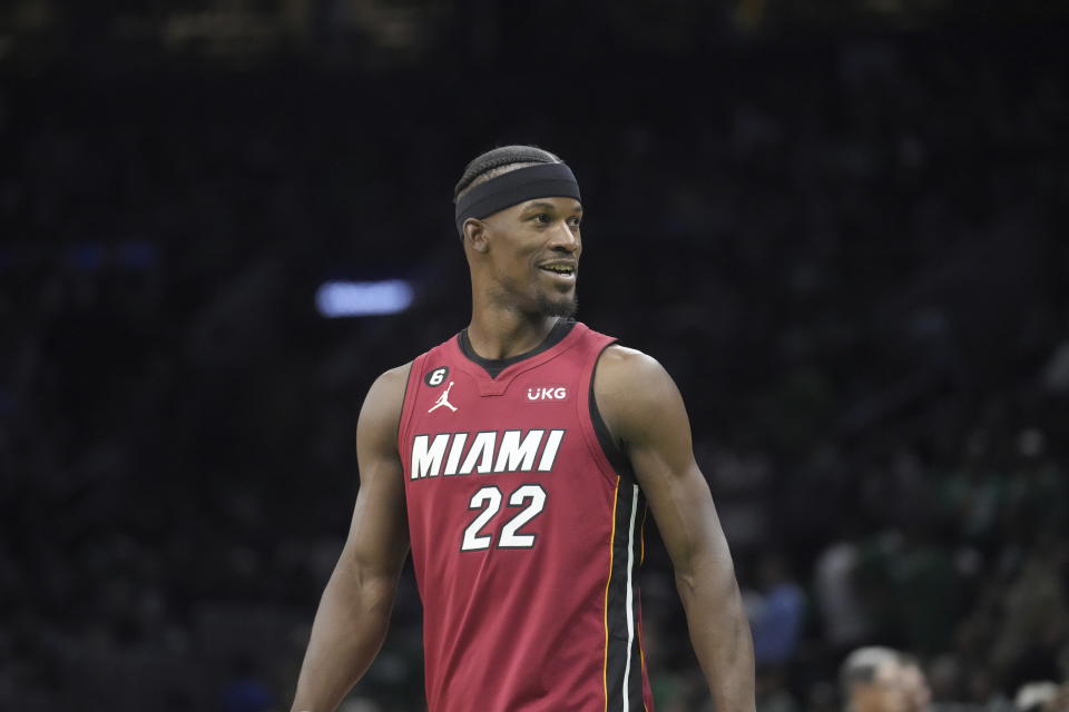 Miami Heat forward Jimmy Butler (22) walks on the court in the second half of Game 1 of the Eastern Conference finals against the Boston Celtics. (AP Photo/Charles Krupa)