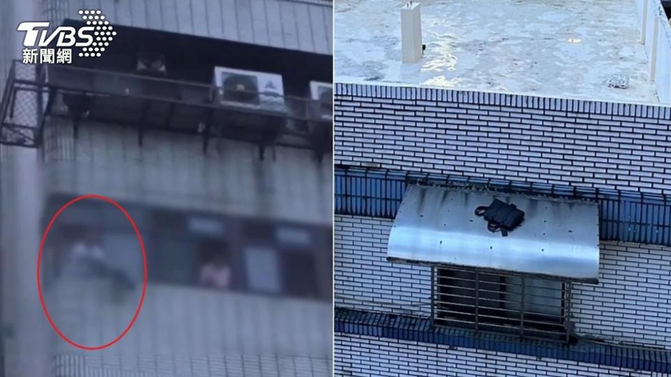 警方攻堅毒窟，犯嫌將毒品、槍枝丟包在別棟大樓的遮雨棚。（圖／TVBS）