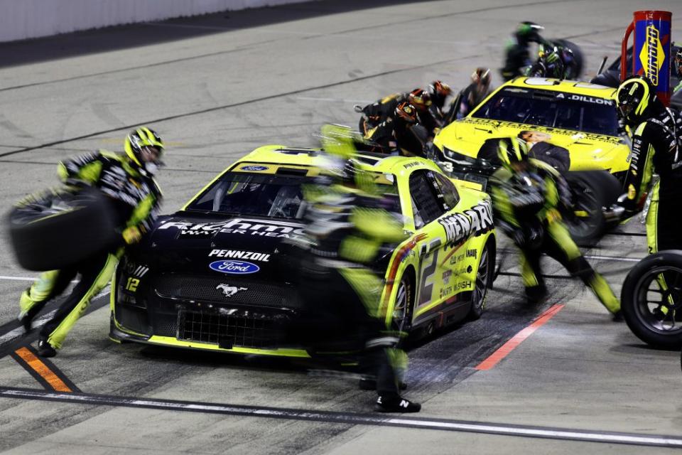 DARLINGTON, SOUTH CAROLINA - SEPTEMBER 03: Ryan Blaney, driver of the #12 Menards/Richmond Water Heaters Ford, pits during the NASCAR Cup Series Cook Out Southern 500 at Darlington Raceway on September 03, 2023 in Darlington, South Carolina. (Photo by James Gilbert/Getty Images)