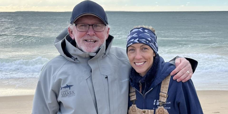 Jon Dodd, executive director of the Atlantic Shark Institute, and Sarah Callan, manager of animal rescue at Mystic Aquarium, were at Blue Shutters Beach in Charlestown on Friday to release Scarlet, a harbor seal rescued in November.